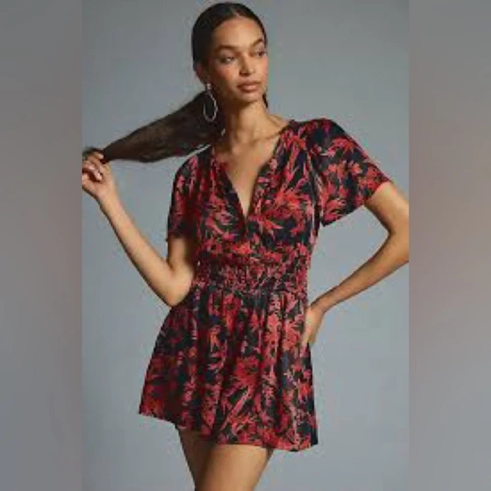 Anthropologie the Somerset: Black and Red Floral Satin Romper Edition XS